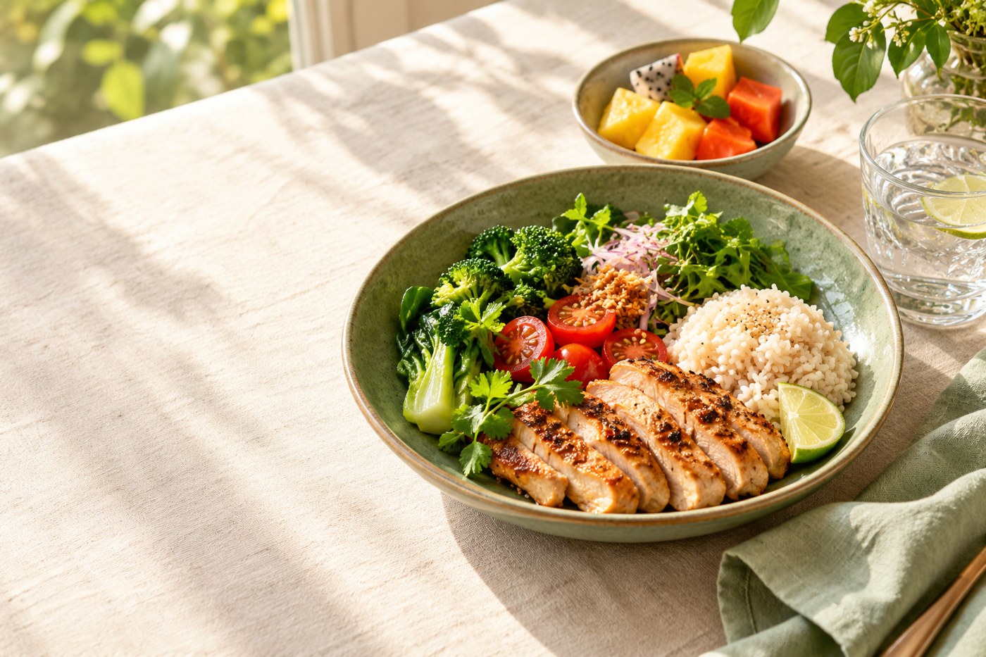 野菜とごはん、鶏肉を盛り付けた食事のイメージ